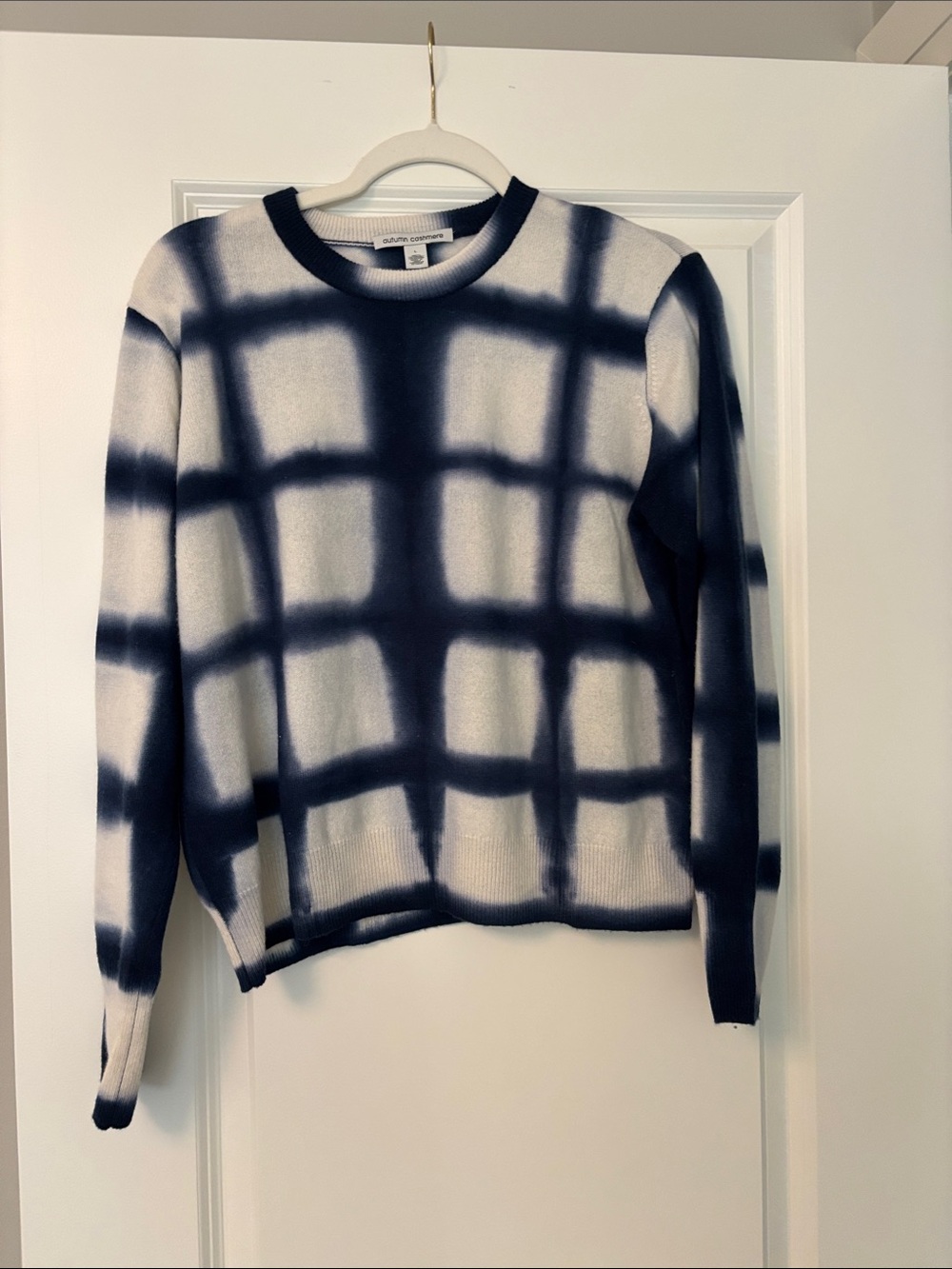 Autumn Cashmere Navy and Cream Grid Tie-Dye Crewneck Sweater